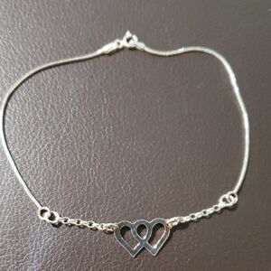 Sterling Silver double heart charm women chain foot bracelet 925 Italy